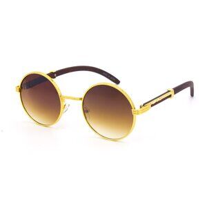 Round Brown Lens Men Sunglasses  Gold Frame Hip Hop Style Buffs Woddy Arms Metal